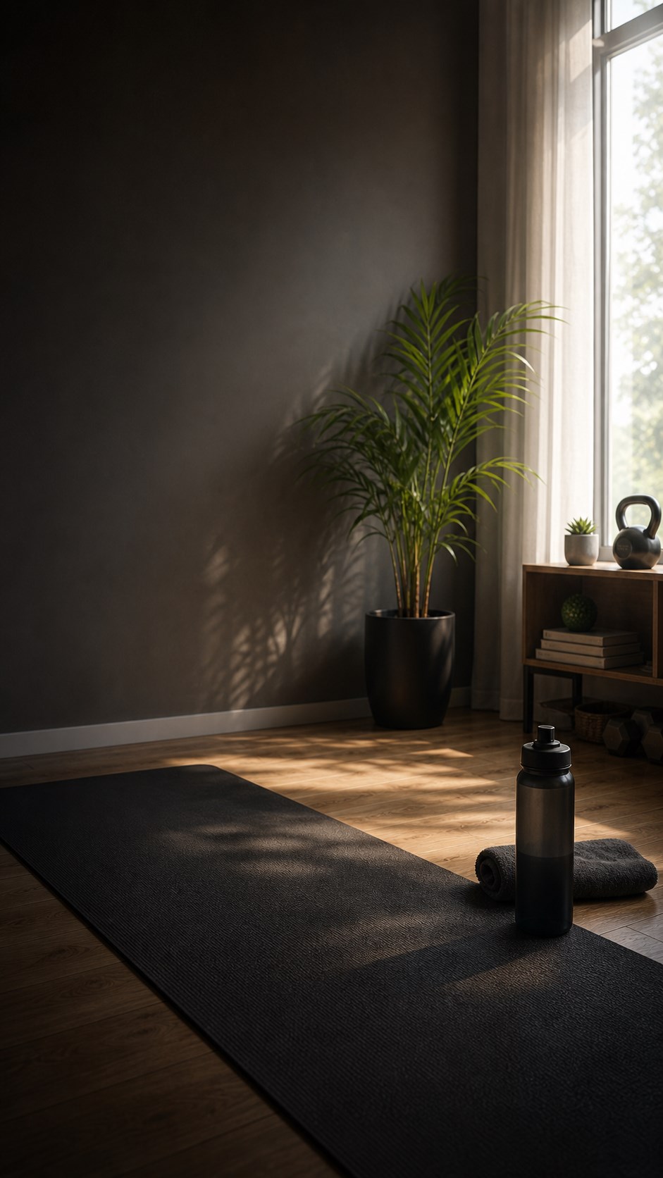 A calm home workout space ready for a StepInside session