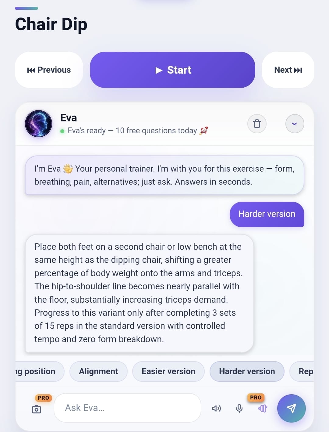 Eva explaining a harder version of the Chair Dip exercise in StepInside