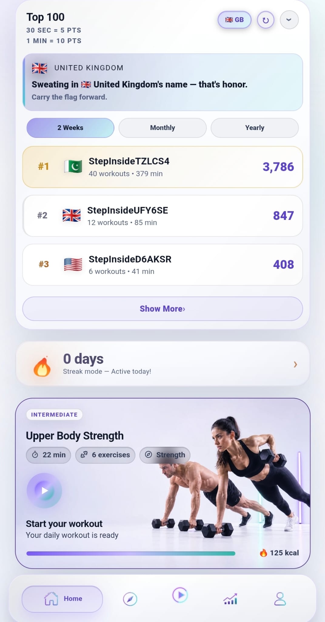 StepInside home screen showing the Top 100 leaderboard, a streak card, and a workout ready to start