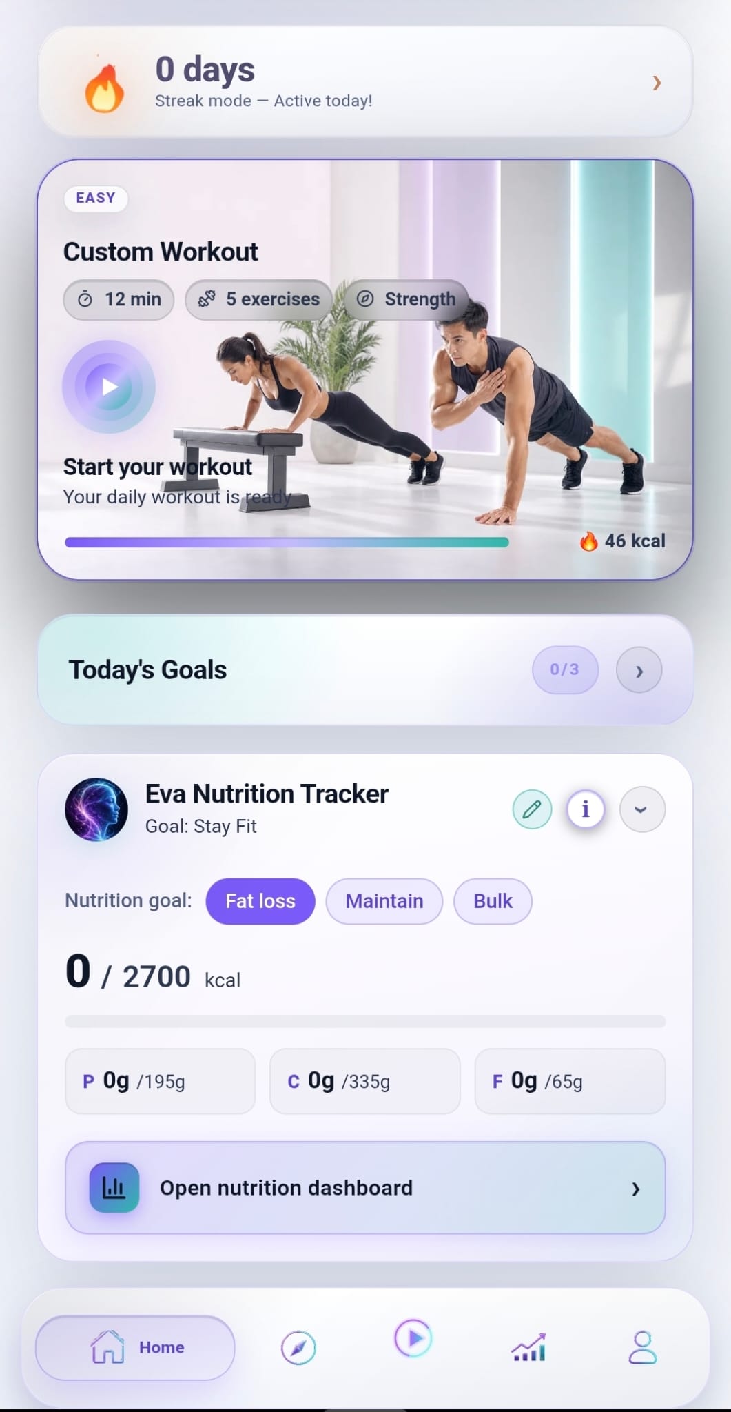 StepInside home screen showing a custom workout, streak, daily goals, and Eva Nutrition Tracker