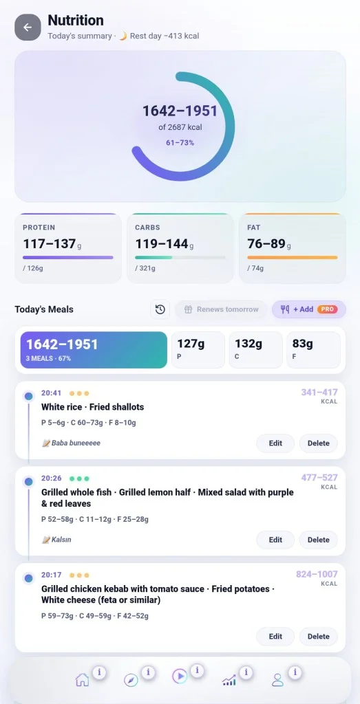 StepInside nutrition screen showing calorie and macro tracking from a meal photo